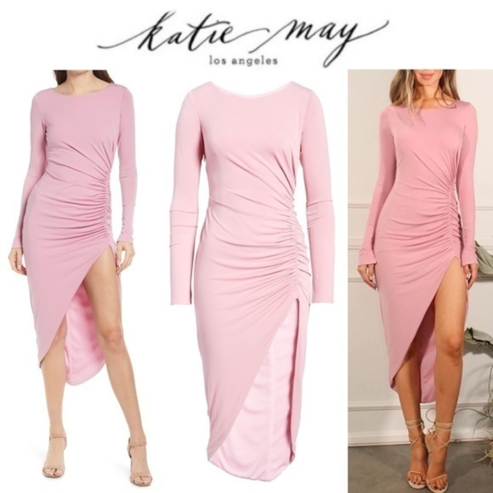 KATIE MAY MOVER AND SHAKER RUCHED LONG SLEEVE COCKTAIL MIDI DRESS XS